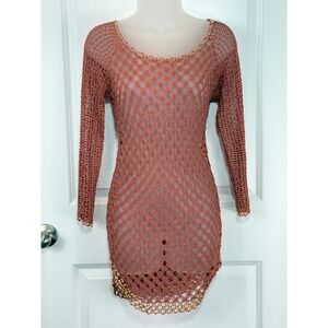 SHINE NEW YORK Sheer‎ Crochet Mini Dress Long Sleeve Beaded Nude Pink Bodycon S